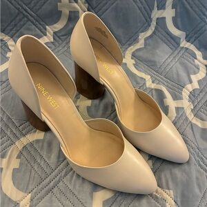 Nine West Cream and Brown Block Heel Pumps